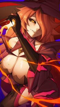 1girl absurdres bilingual_commentary black_gloves black_sclera blazblue breasts cleavage colored_sclera commentary elbow_gloves fingernails gloves grin hair_over_one_eye hand_on_own_leg hat highres konoe_a._mercury large_breasts long_fingernails long_hair magic mixed-language_commentary sharp_fingernails single_bare_shoulder smile solo tettora witch witch_hat yellow_eyes