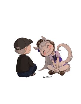 1boy 1girl animal_ears black_jacket black_pants blunt_bangs blush bow breasts brown_hat closed_eyes closed_mouth crossed_legs ear_bow gold_ship_(umamusume) grey_hair hat highres horse_ears horse_girl horse_tail imanami_takatoshi jacket long_hair old old_man pants pillbox_hat poteo_(poteo_mot) puffy_short_sleeves puffy_sleeves purple_bow purple_shirt real_life sailor_collar sailor_shirt school_uniform shirt shoes short_hair short_sleeves sitting skirt smile tail thighhighs tongue tongue_out tracen_school_uniform umamusume white_sailor_collar white_skirt white_thighhighs