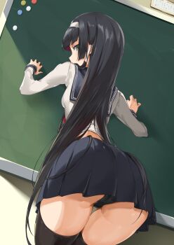 1girl ass bishoujo_mangekyou_(series) bitterpain black_hair black_panties black_sailor_collar black_skirt black_thighhighs blush breasts chalkboard commentary_request green_eyes hairband highres hime_cut long_hair long_sleeves looking_at_viewer looking_back neckerchief panties pleated_skirt red_neckerchief renge_(bishoujo_mangekyou) sailor_collar school_uniform shirt skirt small_breasts solo thighhighs underwear white_hairband white_shirt