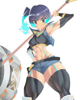 1girl 2_larrosa abs bare_shoulders blue_hair breasts brown_eyes dark-skinned_female dark_skin hammer medium_breasts medium_hair muscular muscular_female sena_(xenoblade) shorts side_ponytail sleeveless thighhighs white_background xenoblade_chronicles_(series) xenoblade_chronicles_3