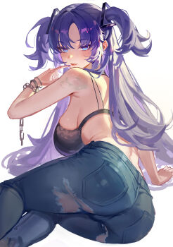 1girl absurdres ass black_bra blue_archive blue_pants blush bra bracelet breasts commentary_request denim from_behind haaakashi hair_ornament hand_up highres index_finger_raised jeans jewelry large_breasts long_hair looking_at_viewer no_shirt pants purple_eyes purple_hair short_twintails sideboob simple_background solo torn_clothes torn_jeans torn_pants triangle_hair_ornament twintails underwear very_long_hair white_background yuuka_(blue_archive)