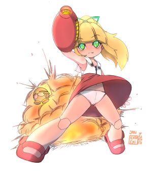 1girl 2024 20s :3 android arm_cannon blonde_hair blush cameltoe capcom dress exchi.exconner explosion flat_chest green_eyes green_ribbon hair_ribbon january joints loli long_hair looking_at_viewer mega_man_(series) met_(mega_man) navel panties ponytail red_dress red_shoes ribbon robot robot_joints roll_(mega_man) shoes sleeveless sleeveless_dress smile standing underwear weapon white_background white_panties wind wind_lift