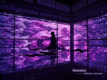 1girl braid building chinese_text english_text facing_away full_body genshin_impact highres indoors long_hair nid417 purple_hair purple_theme raiden_shogun reflection scenery shrine silhouette sitting snow solo tree wide_shot