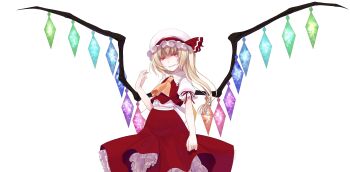 Rule 34 | 1girl, ascot, back bow, blonde hair, bow, center frills, collared shirt, commentary request, cowboy shot, cropped vest, crote, crystal wings, flandre scarlet, frilled shirt collar, frilled skirt, frilled sleeves, frills, glowing, glowing eyes, hand up, hat, hat ribbon, highres, large variant set, layered skirt, long hair, long skirt, looking at viewer, mob cap, puffy short sleeves, puffy sleeves, red eyes, red ribbon, red skirt, red vest, ribbon, shaded face, shirt, short sleeves, side ponytail, skirt, sleeve ribbon, slit pupils, smile, solo, tachi-e, teeth, touhou, transparent background, v-shaped eyebrows, variant set, vest, white bow, white hat, white shirt, wing collar, wings, yellow ascot