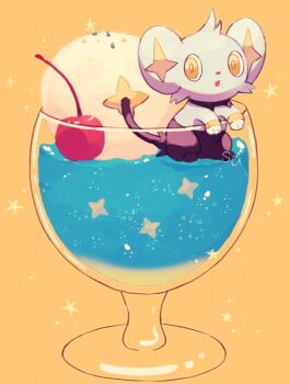 :o artist_name cherry commentary_request cup food fruit gen_4_pokemon highres ice_cream looking_at_viewer nintendo no_humans open_mouth pokemon pokemon_(creature) shinx simple_background soda sparkle star_(symbol) su_(sajo_su5) yellow_background yellow_eyes yellow_pupils