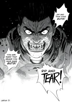 ! 1boy armor artist_name commentary constricted_pupils decomposedtaco doom_(comic) doom_(series) doom_eternal doomguy english_commentary english_text highres looking_at_viewer male_focus miura_kentarou_(style) monochrome nervous_sweating no_headwear open_mouth parody praetor_suit saliva shouting simple_background solo speech_bubble style_parody sweat tongue upper_body v-shaped_eyebrows wrinkled_skin