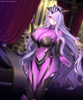 1girl black_gloves bodysuit breasts camilla_(fire_emblem) camilla_(light_of_nohr)_(fire_emblem) camilla_(light_of_nohr)_(resplendent)_(fire_emblem) cleavage crown fire_emblem fire_emblem_fates fire_emblem_heroes full_body gloves hair_over_one_eye highres huge_breasts kashiwamochi_yomogi long_hair nintendo official_alternate_costume pink_eyes purple_bodysuit purple_hair smile solo tiara very_long_hair wavy_hair