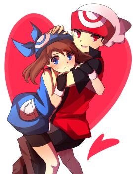 1boy 1girl bandana bike_shorts black_hair black_pants black_shorts blue_bandana blue_dress blue_eyes brendan_(pokemon) brown_hair closed_mouth dress frown hand_on_another&#039;s_head hat heart highres hug kuroi_paseri looking_at_viewer may_(pokemon) nintendo open_mouth pants pokemon pokemon_adventures red_eyes red_shirt shirt short_hair shorts sweatdrop white_hat