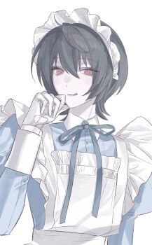 1girl :p ahoge alternate_costume apron black_hair blue_ribbon blush clothing_cutout enmaided ensemble_stars! frilled_apron frilled_headwear frills genderswap genderswap_(mtf) glove_cutout gloves hair_between_eyes hand_up heart_cutout highres juliet_sleeves long_sleeves looking_at_viewer lunaticotat maid maid_apron maid_headdress puffy_sleeves red_eyes ribbon sakuma_ritsu short_hair solo tongue tongue_out upper_body white_gloves