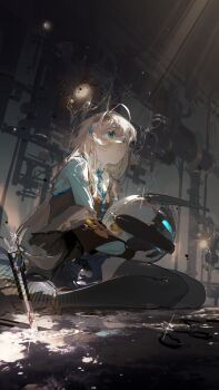 1girl :o absurdres animal_helmet antenna_hair bandaid black_thighhighs blonde_hair blue_necktie blue_skirt blush boots boxcutter brown_boots brown_jacket brown_vest cardigan_vest chinese_commentary collared_shirt commentary dirty dirty_clothes full_body green_eyes hair_between_eyes hair_intakes hair_ornament hairclip helmet highres holding holding_unworn_helmet industrial_pipe jacket leather leather_boots light_particles long_hair looking_up lynn_(path_to_nowhere) miniskirt moruki necktie off_shoulder parted_lips path_to_nowhere pencil photo_(object) pleated_skirt pom_pom_(clothes) puddle rabbit_hair_ornament ripples scar scar_across_eye scar_on_face scissors screen sewer shirt sitting skindentation skirt solo thighhighs torn_clothes torn_photo torn_skirt unworn_helmet vest wariza water white_shirt zettai_ryouiki