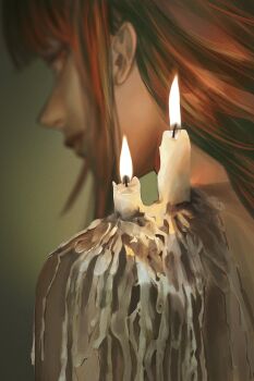 1girl bare_shoulders blurry blurry_background candle candle_wax candlelight chainsaw_man commentary fire highres lips makima_(chainsaw_man) nude orange_eyes portrait red_hair snowberryaki solo wax wax_play