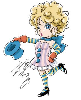 Rule 34 | 1girl, alternate design, black shoes, blonde hair, blue bow, blue eyes, blue eyeshadow, blue hat, blue sleeves, blue thighhighs, bow, bowtie, chibi, commentary request, curly hair, detached sleeves, dragon quest, dragon quest iii, dress, earrings, eyeshadow, foot up, gadabout (dq3), gloves, hand on own hip, hat, high heels, highres, holding, holding unworn clothes, holding unworn hat, jewelry, looking at viewer, looking to the side, makeup, mole, mole under eye, multicolored dress, multicolored sleeves, multicolored thighhighs, murakami yumiko, one eye closed, orange gloves, pink dress, pink lips, puckered lips, purple dress, shoes, short hair, signature, sphere earrings, strapless, strapless dress, striped clothes, striped sleeves, striped thighhighs, thighhighs, top hat, unworn hat, unworn headwear, white background, white trim, yellow sleeves, yellow thighhighs