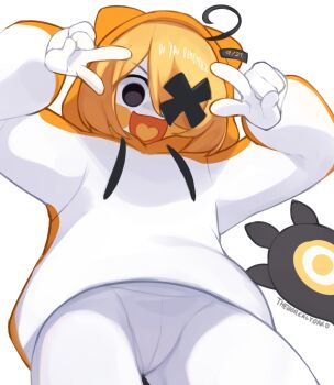 1girl :d artist_name black_eyes blonde_hair borrowed_design commentary double_v drawstring english_commentary grem_(gigi_murin) hair_over_one_eye heart heart_in_mouth highres hololive hololive_english hood hood_up hoodie jacket long_sleeves looking_at_viewer open_mouth pants personification puffy_long_sleeves puffy_sleeves simple_background smile solo tail v virtual_youtuber white_background white_hoodie white_jacket white_pants yoako