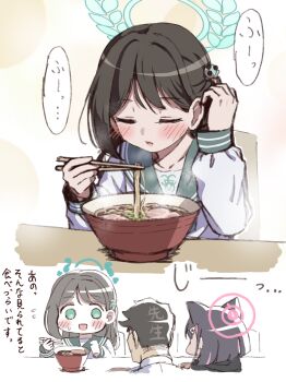 1boy 2girls airi_(blue_archive) animal_ears black_hair black_jacket blue_archive blush bowl cat_ears chibi chopsticks closed_eyes flying_sweatdrops food food-themed_hair_ornament green_sailor_collar hair_behind_ear hair_ornament hairclip halo highres holding holding_chopsticks hood hood_down hooded_jacket ice_cream_hair_ornament jacket kazusa_(blue_archive) long_hair long_sleeves multicolored_hair multiple_girls noodles parted_lips pink_hair puffy_long_sleeves puffy_sleeves ramen sailor_collar school_uniform sensei_(blue_archive) serafuku shirt streaked_hair translation_request tucking_hair unadon_(unadoom) white_shirt