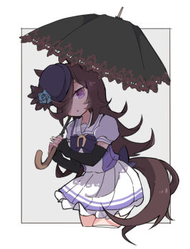 Rule 34 | 1girl, :o, animal ears, beer hsk, black sleeves, black umbrella, blue flower, blue hat, blue rose, bow, brown hair, detached sleeves, flower, grey background, hair over one eye, hat, hat flower, holding, holding umbrella, horse ears, horse girl, horse tail, long hair, long sleeves, looking at viewer, parted lips, pleated skirt, puffy short sleeves, puffy sleeves, purple bow, purple eyes, purple shirt, rice shower (umamusume), rose, school uniform, shirt, short sleeves, skirt, sleeves past wrists, solo, tail, tilted headwear, tracen school uniform, two-tone background, umamusume, umbrella, very long hair, white background, white skirt