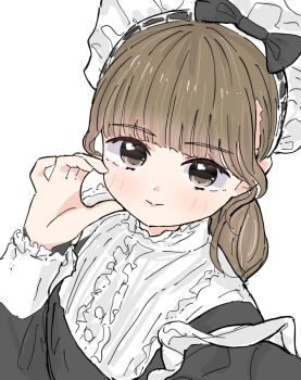 1girl animification black_dress blunt_bangs brown_hair closed_mouth commentary dress grey_eyes half-heart_hands hand_on_own_cheek hand_on_own_face highres link!_like!_love_live! long_hair long_sleeves looking_at_viewer love_live! low_ponytail maid maid_headdress miyake_miu official_alternate_costume ponytail real_life seeno_de!_hasu_no_sora! selfie sidelocks simple_background smile solo split_mouth symbol-only_commentary tazaki_masanobu voice_actor white_background