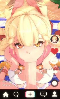 1boy 1girl 3d alice_thymefield alice_thymefield_(sea_of_thyme) animated app_hud ball beach beach_towel beachball blonde_hair breasts clothed_female_nude_male cum cum_in_mouth double_v ejaculation erection fellatio giddora hetero heterochromia highres koikatsu_(medium) large_breasts long_hair looking_at_viewer moaning navel nude oral outdoors penis pov pov_crotch rabbit_ears rabbit_girl recording red_eyes sand sound standing tagme testicles towel twintails uncensored v video yellow_eyes zenless_zone_zero