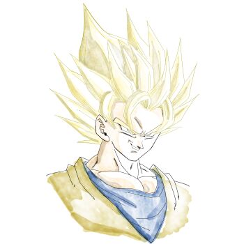 1boy 1rasutotoukou absurdres blue_shirt dragon_ball dragonball_z green_eyes highres male_focus medium_hair muscular muscular_male orange_shirt parted_lips shirt simple_background smirk solo son_goku spiked_hair super_saiyan super_saiyan_2 upper_body white_background
