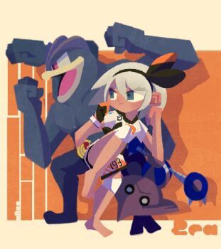 1girl bea_(pokemon) belt blue_eyes bow claws closed_mouth fighting_stance gen_1_pokemon gen_2_pokemon gloves grey_hair hair_bow hitmontop horns machamp nintendo open_mouth pokemon pokemon_(creature) pokemon_swsh sakanagi_(a_r_co) shirt shorts single_horn white_shirt white_shorts