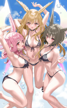 3girls bare_shoulders bikini black_bikini black_hair blonde_hair blush breasts cleavage collarbone energy_wings fate/grand_order fate_(series) head_wings highres hildr_(fate) large_breasts long_hair looking_at_viewer multiple_girls navel open_mouth ortlinde_(fate) pink_hair red_eyes shino_(eefy) short_hair sidelocks smile swimsuit thighs thrud_(fate) valkyrie_(fate) wings