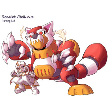 2000s_(style) android brown_eyes character_name claws cloak commentary copyright_name disney english_commentary full_body highres karakatodzo mechanization mega_man_(series) mega_man_zero_(series) meilin_lee nakayama_tooru_(style) non-humanoid_robot parody pixar red_eyes red_panda red_panda_girl robot robot_animal shirt simple_background skirt standing style_parody turning_red white_background white_skirt