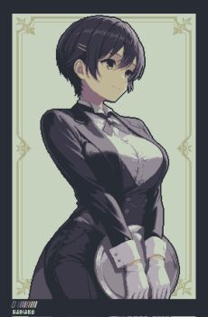 1girl artist_name black_pants black_suit breasts butler closed_mouth coattails commentary_request female_butler formal_clothes gloves hair_ornament hairclip highres holding holding_tray large_breasts original pant_suit pants parallel_hairclips pixel_art short_hair smile solo specialhanako suit tailcoat tray tuxedo_shirt white_gloves wrist_cuffs