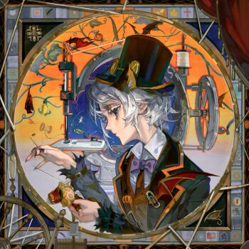 Rule 34 | 0212tu, 1boy, animal ears, bat (animal), bat wings, black claws, black jacket, blonde hair, blue eyes, border, bow, button eyes, buttons, cat ears, claws, colored eyelashes, hat, highres, identity v, jacket, looking to the side, mailman, male focus, needle, ornate border, plant, profile, round border, safety pin, sewing, sewing machine, sewing needle, shirt, spinning wheel, spool, stuffed toy, thread, top hat, torn clothes, torn sleeves, vest, victor grantz, victor grantz (specter), white eyelashes, white hair, white shirt, wings, yellow eyes