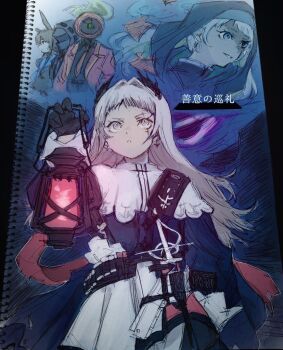 2others 3girls amiya_(arknights) animal_ears arknights dante_(limbus_company) doctor_(arknights) graphite_(medium) grey_eyes holding holding_lantern hood irene_(arknights) lantern limbus_company long_hair mayors_(project_moon) multiple_girls multiple_others object_head project_moon rabbit_ears rapier senki_w short_hair sketchbook sword traditional_media weapon white_hair