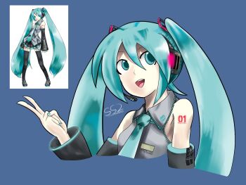 Rule 34 | 1girl, aqua eyes, aqua hair, aqua necktie, aqua trim, blue background, detached sleeves, grey shirt, hatsune miku, highres, kei (keigarou) (style), lace trim, necktie, number tattoo, official style, reference inset, shirt, signature, smile, stuffdrawin, tattoo, twintails, v, vocaloid