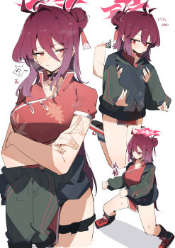 1girl absurdres bare_legs black_socks blue_archive china_dress chinese_clothes clenched_hands clothes_around_waist commentary crossed_arms dress fighting_stance floral_print green_jacket hair_between_eyes hair_bun held_up highres jacket jacket_around_waist maton_3110 red_dress red_eyes red_hair red_shoes reijo_(blue_archive) shoes socks sweatdrop tapping_finger thigh_strap