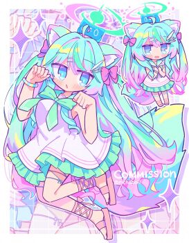 1girl :o ahoge animal_ear_fluff animal_ears ankle_lace-up blue_eyes blue_hair blush border bow bowtie brown_sandals cat chibi commentary_request commission dress drop_shadow fox_ears fox_girl fox_tail frilled_dress frills full_body gradient_hair green_bow green_bowtie green_halo green_sailor_collar grid_background hair_ornament hairclip halo hands_up highres long_hair looking_at_viewer multicolored_hair open_mouth original outline outside_border parallel_hairclips paw_pose pink_hair richard_(richaball) sailor_collar sailor_dress sandals skeb_commission sleeveless sleeveless_dress sparkle tail twitter_username white_border white_dress white_outline zoom_layer