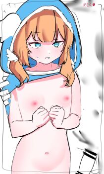 1girl blue_eyes blush flat_chest highres hood hood_up jacket long_hair motosu_towa navel nipples orange_hair parted_lips penis rusmaamhi solo sweat upper_body world_dai_star