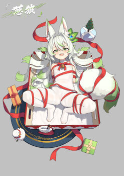 1girl absurdres animal_ear_fluff animal_ears arms_behind_back bdsm bell blush bodysuit bondage bound box cat-quest-sun chinese_commentary christmas christmas_present commentary_request covered_navel flat_chest frogtie gift gift_box green_eyes green_hair grey_hair highres in_box in_container long_hair lying merry_christmas multicolored_hair neck_bell negiwolf no_shoes on_back open_mouth original red_ribbon ribbon ribbon_bondage solo spread_legs streaked_hair tail teeth two-tone_hair upper_teeth_only variant_set white_bodysuit wolf_ears wolf_girl wolf_tail