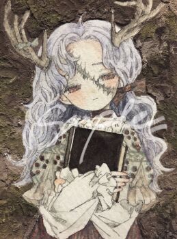 Rule 34 | 1girl, acrylic paint (medium), antlers, blouse, blush, book, bow, brown eyes, brown skirt, closed eyes, closed mouth, commentary, dark skin, expressionless, frills, hair bow, hair ornament, hands on own chest, highres, holding, holding book, horns, karintoun, long hair, long sleeves, original, painting (medium), polka dot, portrait, puffy sleeves, sample watermark, scar, shirt, skirt, straight-on, traditional media, upper body, watercolor (medium), watermark, wavy hair, white hair