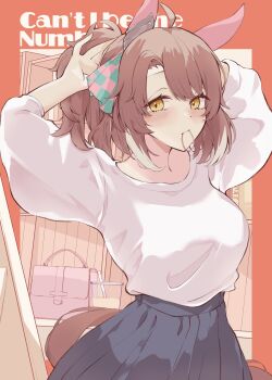 1girl animal_ears arms_behind_head black_skirt blush brown_hair dantsu_flame_(umamusume) ear_covers hair_tie_in_mouth highres horse_ears horse_girl horse_tail long_hair looking_at_viewer mouth_hold pleated_skirt ponytail ri_cochet shirt sidelocks skirt solo tail tying_hair umamusume white_shirt yellow_eyes