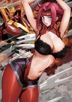1girl arms_up black_bra black_panties blue_eyes blush bodysuit bra breasts cleavage code_geass dust female_focus frilled_bra frills guren_(code_geass) guren_s.e.i.t.e.n._eight_elements headband highres itachou kouzuki_kallen lace lace-trimmed_panties lace_bra lace_panties lace_trim large_breasts lingerie looking_at_viewer mecha navel panties pilot_suit red_bodysuit red_hair robot shiny_skin short_hair smoke solo standing sweat underwear unzipped