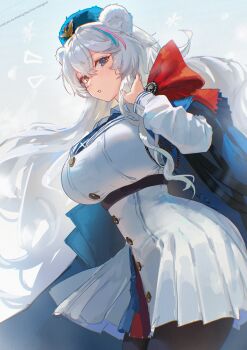 1girl absurdres animal_ears arknights bear_ears black_pantyhose blue_cape blue_eyes blue_hat blue_necktie breasts cape collared_shirt commentary dress dutch_angle english_commentary hair_between_eyes hat heterochromia highres jacket large_breasts long_hair long_sleeves looking_at_viewer looking_to_the_side multicolored_hair necktie pantyhose pleated_skirt red_eyes rosa_(arknights) shirt skirt solo streaked_hair uof very_long_hair white_dress white_hair white_skirt