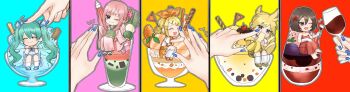 2boys 4girls 6_chair :d ^^^ absurdres alcohol annoyed aqua_hair back_bow banana banana_slice blue_background blue_bow blue_eyes blue_nails blue_shoes bow bow_hairband brown_eyes cheek_poking cherry chibi closed_eyes closed_mouth cocktail_umbrella commentary_request cup dango dress drinking_glass eating elbow_gloves flower food foot_dangle fruit full_mouth gloves green_eyes hair_between_eyes hair_bow hair_bun hair_flower hair_ornament hairband hairclip hatsune_miku headpat high_heels highres holding holding_another's_finger holding_cup holding_food holding_fruit ice_cream in_container in_cup japanese_clothes kagamine_len kagamine_rin kaito_(vocaloid) kimono kneehighs knees_up long_hair looking_at_another mandarin_orange_slice mary_janes megurine_luka meiko_(vocaloid) mini_flag multiple_boys multiple_girls obi obiage obijime one_eye_closed open_mouth orange_background orange_bow orange_hairband orange_shoes orange_skirt out_of_frame parallel_hairclips parfait parfait_glass pink_background pink_kimono poking ponytail popsicle pudding red_background red_dress red_shoes sandals sanshoku_dango sash sherbet_glass shirt shoes short_hair short_ponytail short_sleeves shorts single_hair_bun size_difference skirt smile socks strapless strapless_dress suspender_skirt suspenders twintails v-shaped_eyebrows very_long_hair vocaloid wafer_stick wagashi white_gloves white_shirt white_socks wine wine_glass yellow_background yellow_shoes yellow_shorts zouri