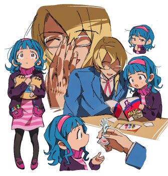 1boy 1girl ace_attorney adjusting_eyewear age_difference apollo_justice:_ace_attorney bad_multiple_views blank_stare blonde_hair blue_hair blue_suit blunt_bangs book brown_eyes buttons chibi collared_shirt commentary confused curly_hair drill_hair formal_clothes grgrton headband highres holding holding_book jacket kristoph_gavin lapels neck_ribbon pantyhose pink_ribbon pink_shoes ribbon scar scar_on_hand shirt shoes side_drill simple_background smile striped_clothes suit suit_jacket sweater swept_bangs symbol-only_commentary turtleneck turtleneck_sweater vera_misham white_background