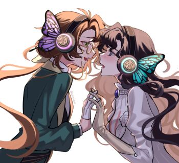 2girls black_hair brown_hair butterfly_wings dress eye_contact eyewear_strap face-to-face from_side glasses gloves green_eyes green_jacket haihaiera hands_up headphones highres holding_hands insect_wings interlocked_fingers isolde_(reverse:1999) jacket juliet_sleeves kakania_(reverse:1999) long_hair long_sleeves looking_at_another low_ponytail magnet_(vocaloid) multiple_girls open_mouth ponytail puffy_sleeves purple_eyes reverse:1999 round_eyewear tearing_up upper_body very_long_hair wavy_hair white_background white_dress white_gloves wings yellow_gloves yuri