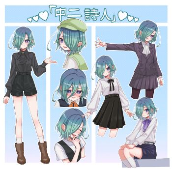 1girl :d ^_^ absurdres ascot bare_legs belt black_ascot black_pantyhose black_shirt black_shorts black_skirt blue_background blue_eyes blush boots bow bowtie brown_boots character_name closed_eyes commentary cropped_legs female_focus full_body green_hair green_hat green_vest hair_between_eyes hair_over_one_eye hand_on_own_chin hand_up hat heart high-waist_skirt highres jjum_pp kimi_no_koto_ga_dai_dai_dai_dai_daisuki_na_100-nin_no_kanojo laughing long_sleeves multiple_views nakaji_uto one_eye_covered open_mouth outline outstretched_arm pantyhose pleated_skirt purple_bow purple_bowtie shirt short_hair short_shorts shorts simple_background sitting skirt smile socks standing translated vest white_ascot white_belt white_outline white_socks wing_collar