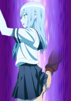 1girl absurdres anime_screenshot arm_up ass blue_skirt blush breasts female_focus grabbing_another's_ass groping highres kyou_no_asuka_show kyouno_asuka legs long_hair miniskirt molestation open_mouth panties pleated_skirt purple_background school_uniform serafuku sexual_harassment short_sleeves sideways_glance skirt small_breasts solo solo_focus stomach striped_clothes striped_panties thighs touching_another's_ass underwear white_serafuku