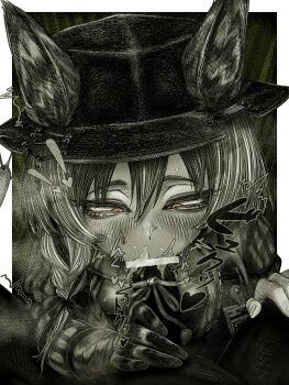 1boy 1girl absurdres animal_ear_fluff animal_ears arknights beanstalk_(arknights) blank_censor blush braid censored commentary_request cum cum_in_mouth ears_through_headwear fellatio gloves greyscale hair_between_eyes hetero highres hyena_ears hyena_girl hyena_tail id_card kyoeikyoei52906 long_hair long_sleeves monochrome oral orange_eyes penis pov single_braid single_glove spot_color