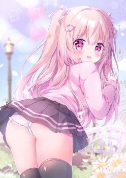 1girl arched_back ass black_skirt black_thighhighs blush branch chiika_(cure_cherish) child d: female_focus flower frilled_panties frills from_behind hair_ornament heart heart_hair_ornament leaning_forward long_hair long_sleeves looking_at_viewer looking_back miniskirt open_mouth original outdoors panties pantyshot pink_eyes pink_hair pink_sweater pleated_skirt ribbed_sleeves skirt skirt_caught_on_object solo sweater thighhighs trefoil two_side_up underwear upskirt very_long_hair white_panties zettai_ryouiki