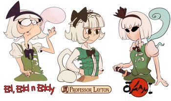 1girl absurdres black_hairband commentary copyright_name ed_edd_n_eddy english_commentary green_shirt green_skirt hairband highres konpaku_youmu konpaku_youmu_(ghost) multiple_views ookami_(game) parody professor_layton puffy_short_sleeves puffy_sleeves sheath sheathed shirt short_sleeves simple_background skirt snoozyav style_parody touhou white_background white_hair