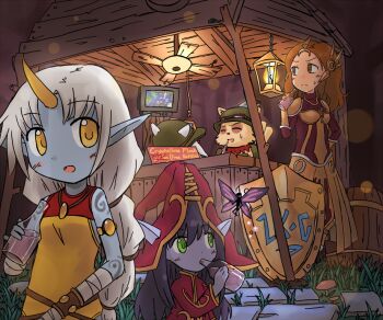 2boys 3girls :o animal_ears armlet armor bandages barrel blue_skin blush bottle bracelet brown_eyes brown_hair ceiling_fan colored_skin crystalline_flask drinking ear_armor ear_protection english_text closed_eyes fairy forehead_protector goggles goggles_on_head green_eyes hat horns jewelry lantern league_of_legends leona_(league_of_legends) lulu_(league_of_legends) merchant_(league_of_legends) multiple_boys multiple_girls mushroom necklace open_mouth pale_skin pix_(league_of_legends) pointy_ears ponytail pupperdog-190 purple_hair purple_skin runic_bulwark shack shield shop shoulder_pads single_horn soraka_(league_of_legends) studded_bracelet sweatdrop teemo television white_hair witch_hat yellow_eyes yordle