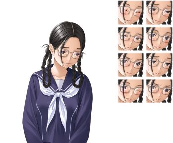 1girl ^_^ angry averting_eyes black_eyes black_hair blue_sailor_collar blue_serafuku blush braid breasts closed_eyes closed_mouth collarbone commentary_request embarrassed forehead frown furrowed_brow glasses gloom_(expression) jimiko long_hair long_sleeves looking_at_viewer looking_down looking_to_the_side love_plus multiple_braids multiple_expressions multiple_views neckerchief official_art one_eye_closed parted_bangs parted_lips quad_braids raised_inner_eyebrows sailor_collar sasaki_mari school_uniform serafuku small_breasts smile sweat teeth transparent_background upper_body white_neckerchief winter_uniform