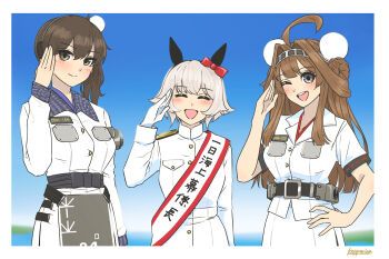 3girls ;d ^_^ adapted_costume ahoge alternate_costume animal_ears artist_name bow brown_eyes brown_hair closed_eyes commentary_request crossover curren_chan_(umamusume) double_bun ear_bow ear_covers facing_viewer grey_eyes grey_hair hair_bun hair_intakes highres horse_ears horse_girl jacket japan_maritime_self-defense_force japan_self-defense_force js_kaga_(ddh-184) js_kongou kaga_(kancolle) kantai_collection kongou_(kancolle) kopperion long_hair long_sleeves looking_at_viewer military military_uniform multiple_girls one_eye_closed open_mouth red_bow salute shirt short_hair short_sleeves side_ponytail signature skirt smile umamusume white_jacket white_shirt white_skirt