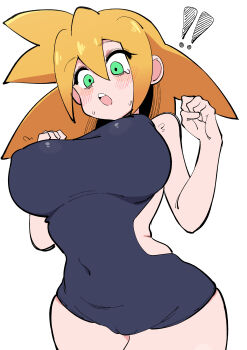 ! !! 1girl absurdres bare_shoulders black_sweater blush breasts buzzlyears covered_erect_nipples green_eyes highres large_breasts mega_man_(series) mega_man_legends_(series) roll_caskett_(mega_man) simple_background solo sweater white_background