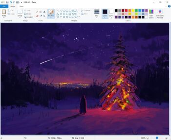 1other art_program_in_frame christian_young christmas_lights christmas_tree commentary english_commentary forest from_behind full_body microsoft_paint_(medium) microsoft_paint_(software) nature night night_sky original outdoors painterly pine_tree purple_theme scenery screencap shooting_star sky snow solo standing star_(sky) starry_sky tree winter